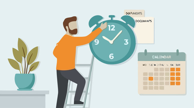 Man on ladder adjusting large teal alarm clock with calendar nearby