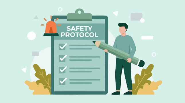 Person holding large pencil beside safety protocol checklist board outdoors