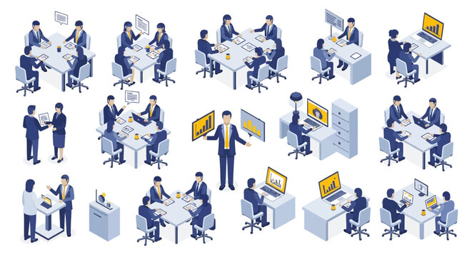 Isometric office people working in collaborative business workspace.
