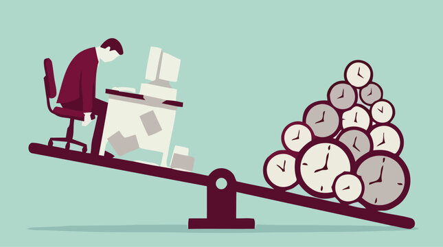 A man sits at a desk on a seesaw balancing papers against multiple clocks.