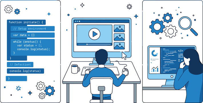Software development and content management system concept with program code script editor video player interface and data analyst optimization flat vector illustration