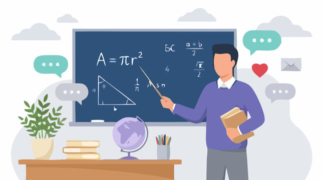 Teacher standing in classroom pointing at math equations on blackboard with globe and books nearby