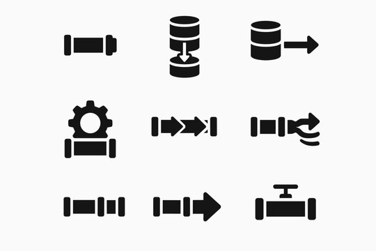 Data Pipeline Icons. Data pipeline. Filled icon set of Data pipeline: pipeline segments, flow arrows, staged
