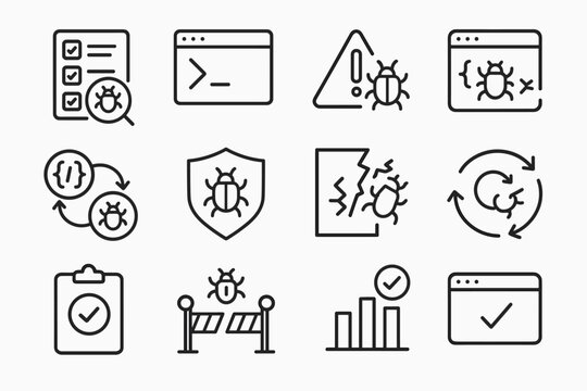 Software Testing Icons. Software testing and debugging. Line outline icon set of Software testing and