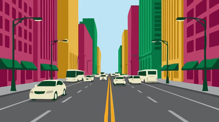 Cars drive down a busy urban road lined with colorful buildings and streetlights © John