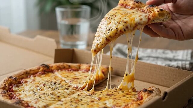 Cheese pizza slice held by hand over cardboard takeout box with melted mozzarella crust tomato sauce warm food closeup in kitchen on wooden table casual meal view