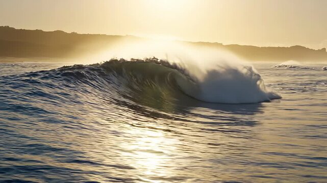 Ocean waves crest and break under golden sunlight, creating a misty spray as they roll towards the shore, with distant hills visible in the background