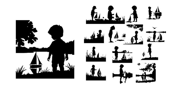 Child with Toy Sailboat at Pond Silhouette