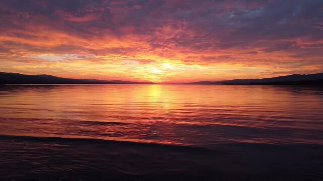 Vibrant sunset over calm water with colorful clouds reflecting on the surface, creating a serene atmosphere in a natural landscape at dusk