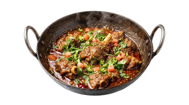 Traditional lamb karahi in iron wok, spicy mutton curry with fresh herbs and tomatoes, authentic indian meat stew in rustic balti pan isolated PNG with Transparent Background
