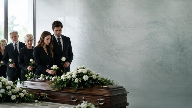 Formal Funeral Procession with Flowers and Casket attire suits ties grief respect solemn somber memorial