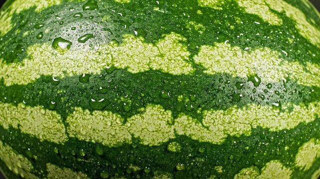 Watermelon surface with droplets showcasing vibrant green and yellow striped patterns, highlighting texture and freshness in a close-up view