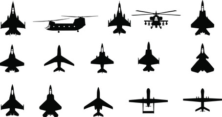 A comprehensive collection of black silhouette icons featuring various military fighter jets, airplanes, and helicopters on white background © MdAsikul