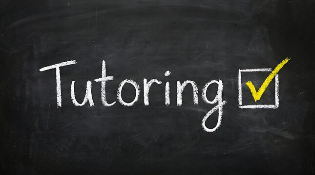 Hand-drawn chalk 'Tutoring' text with a clear checkmark on a dark blackboard, symbolizing educational success