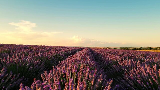 Lavender fields in full bloom under a clear sky, showcasing vibrant purple flowers and lush green foliage stretching towards the horizon at sunset