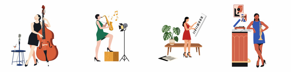 Vector flat illustrations of female jazz musicians playing double bass, saxophone, piano, and trumpet in elegant dresses against a white background. © Rafi