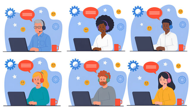 Diverse customer support agents with headsets working on laptops with chat bubble and gear icons, call center team cartoon illustration set
