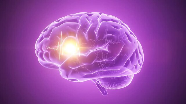Glowing purple human brain model on dark background.