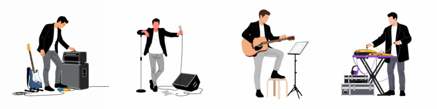 Set of male musician illustrations featuring singer, electric guitarist, acoustic guitar player, and keyboardist with equipment isolated on white background.