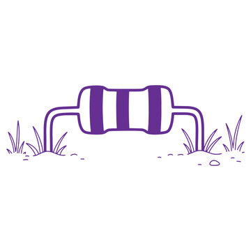 Purple cartoon illustration of resistor electrical component on ground with grass isolated on transparent background