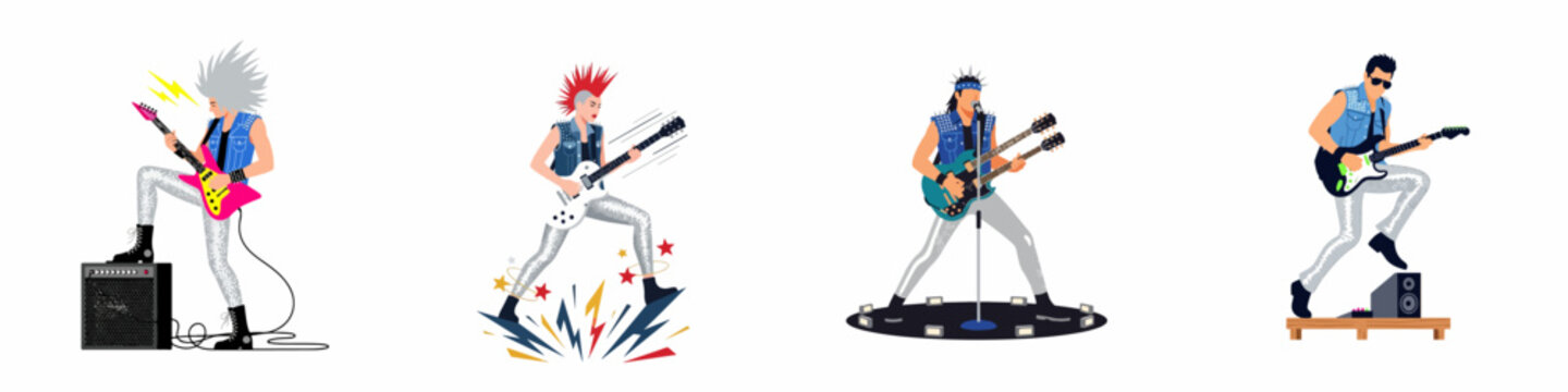 Set of four illustrations featuring rock and punk guitarists performing on stage with electric guitars, amplifiers, and energetic poses on a white background.