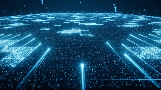 Blue digital matrix background with binary numbers and glowing grids.