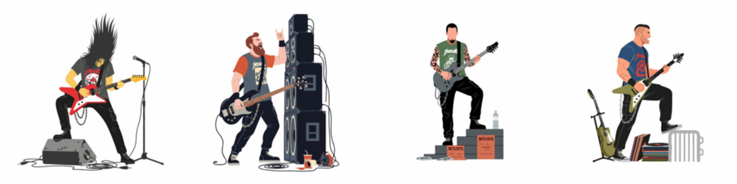 Set of flat illustrations featuring heavy metal and rock musicians with electric guitars and bass performing on stage with amplifiers and equipment.