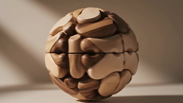 Geometric wooden puzzle ball with interlocking organic shapes.