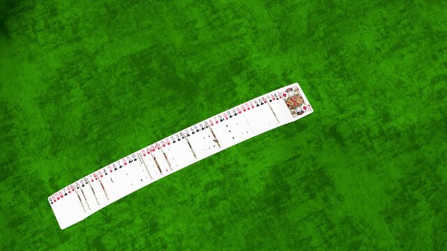 Two types of 3D playing cards animation one featuring stack of playing cards that automatically spreads out in arc form  ribbon spread and another featuring a straight line created 3d render.