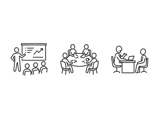 Obraz premium Business meeting icons set showing office team collaboration presentation strategy and professional corporate work communication tasks
