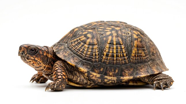 Close up Side View of an Eastern Box Turtle with Patterned Shell Isolated on a Plain White Background