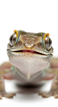 Close-up portrait of a colorful lizard with big eyes and scaly skin looking directly at the camera.