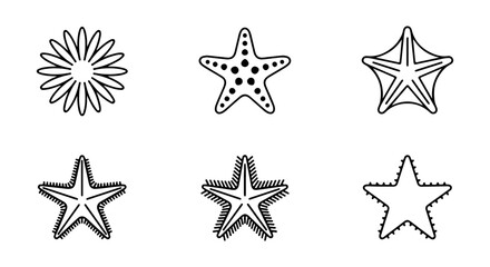 Obraz premium Six Starfish and Flower Icons, Simple Outline Vector Graphics for Marine Life and Nature Designs