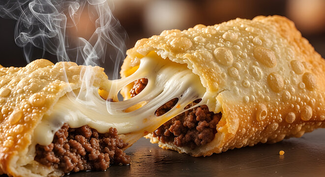 Steaming Brazilian Fried Pastel Pastry with Stretchy Cheese and Ground Beef