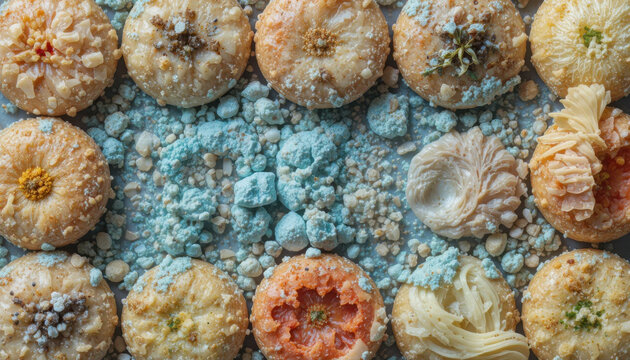 A close-up view of moldy food with visible fungal growth on its surface on transparent background