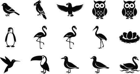 Obraz premium Set of twelve different black and white birds including owl, penguin, and duck vector illustrations Vector