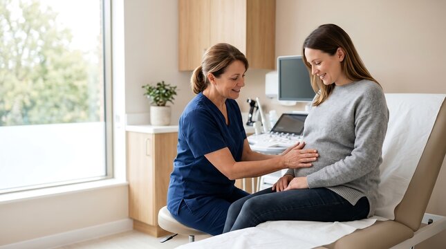 A pregnant woman is having her belly examined by a healthcare professional in a medical examination room.