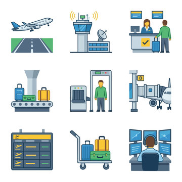 Airport Icons Set Showing Travel And Security Procedures.