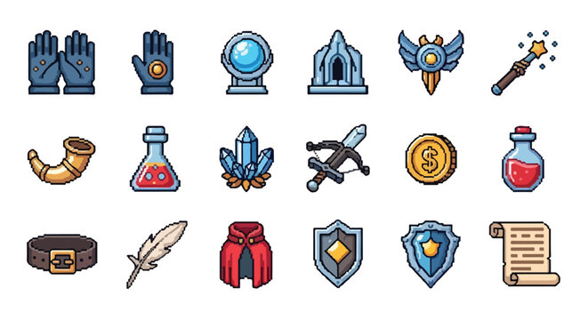 A collection of eighteen fantasy-themed RPG game icons in a pixel art style, featuring weapons, armor, potions, and various magical items.