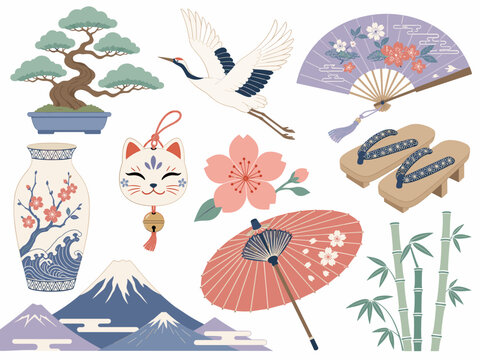 Collection of traditional Japanese cultural symbols and elements on white background