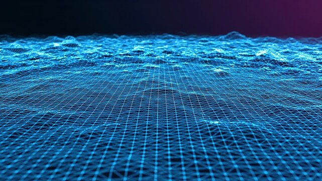 Blue digital wireframe landscape with grid pattern showing depth and contours, transitioning through various elevations and textures in a dark background setting
