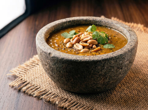 Peanut soup with roasted peanuts and cilantro in stone bowl on burlap mat over wooden table with blurred dark background, west african comfort food concept