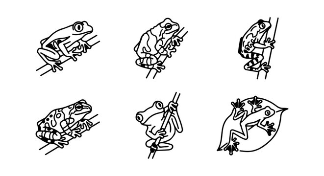 Six Tree Frog Vector Illustrations, Amphibian Wildlife Art, Nature Elements, Simple Outline Design