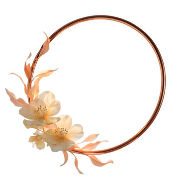 A circular frame decorated with soft peach flowers and leaves on a black background