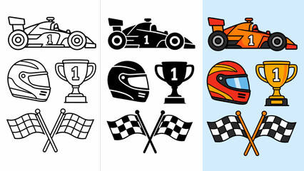 Naklejka premium Collection of racing icons: formula car, helmet, trophy, and checkered flags