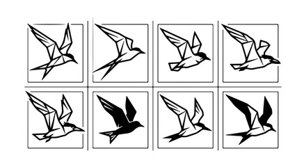 Fototapeta premium Geometric Bird Flight Sequence Vector Set, Minimalist Tern Motion Graphics, Abstract Avian Art