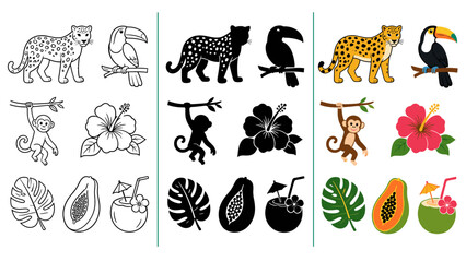 Obraz premium Collection of tropical jungle animals, flowers, and fruits in cartoon style