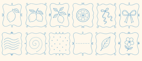 Obraz premium Charming blue line art illustrations of lemons, bows, and nature elements on cream background