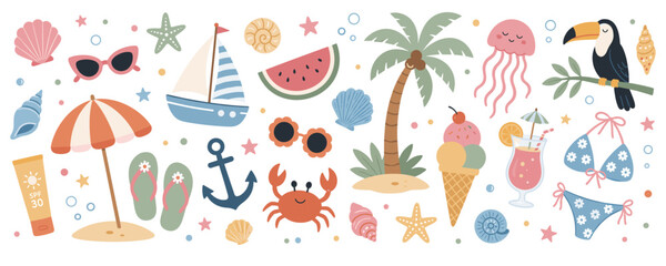 Naklejka premium Whimsical summer vacation elements collection with beach and tropical motifs