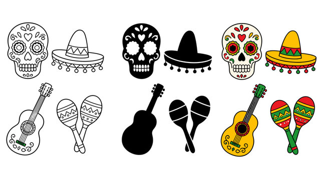 Day of the Dead icons: sugar skulls, sombreros, guitars, and maracas